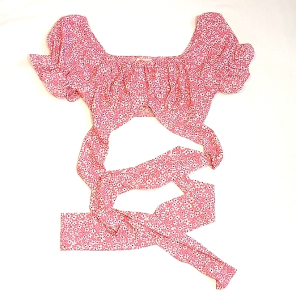 Showpo Women's Crop‎ Top Sz 2 Pink Floral Resort Beach Party Summer Puff Sleeve